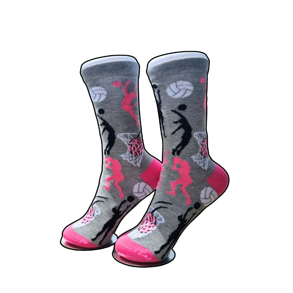 Fun trendy pink and grey netball themed screw socks made from bamboo