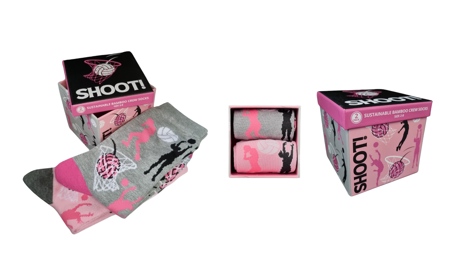 Pink and grey netball themed socks in a gift box