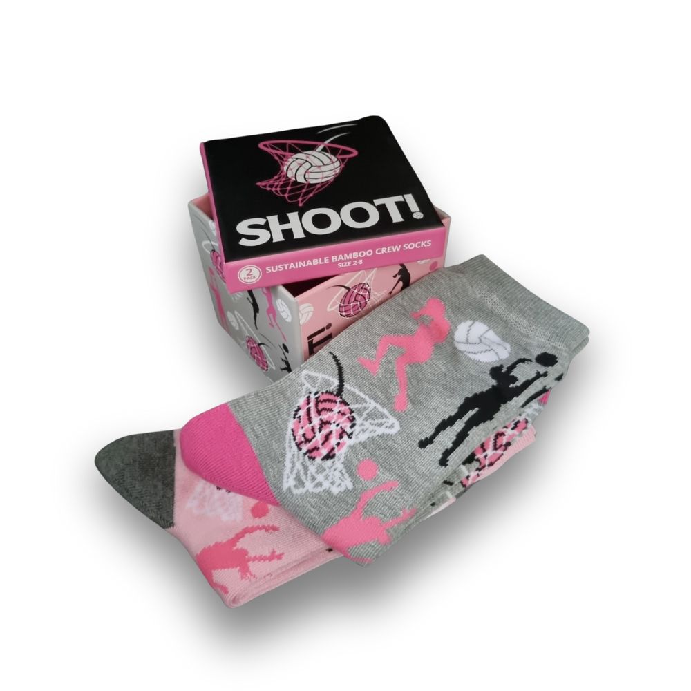 2 pairs of netball themed socks with netball themed gift box in pink and grey colours