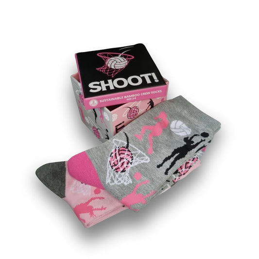 2 pairs of netball themed socks with netball themed gift box in pink and grey colours