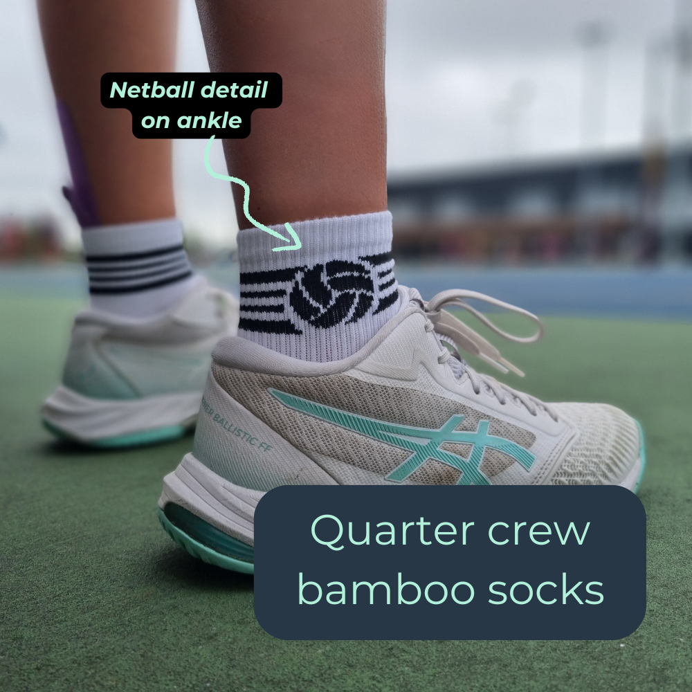 Close-up of Shoot! bamboo netball sock fabric. Soft, breathable and sustainable sports material