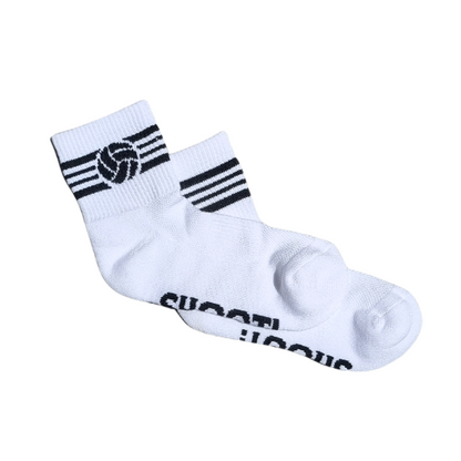A pair of white quarter crew socks with black stripes and a netball detail on the ankle, on a white background.